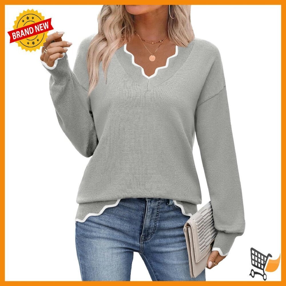 Soft Ribbed V-Neck Pullover Sweater Lightweight Long Sleeve Fall Top